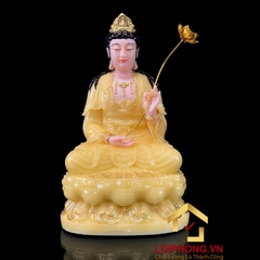 Tượng Phật Tây Phương Tam Thánh Ngồi Đài Sen Bằng Bột Đá Thạch Anh Viền Vàng cao từ 30 – 65cm