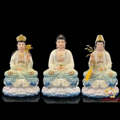Tượng Phật Tây Phương Tam Thánh Ngồi Đế Mây Bằng Bột Đá Sơn Xanh Cao Cấp cao từ 30 – 48cm