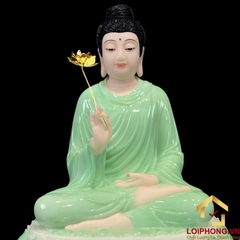 Tượng Phật Thích Ca ngồi đế sen bằng bột đá xanh ngọc tay cầm hoa sen vàng cao từ 20 cm đến 150 cm
