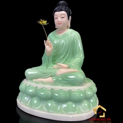 Tượng Phật Thích Ca ngồi đế sen bằng bột đá xanh ngọc tay cầm hoa sen vàng cao từ 20 cm đến 150 cm