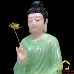 Tượng Phật Thích Ca ngồi đế sen bằng bột đá xanh ngọc tay cầm hoa sen vàng cao từ 20 cm đến 150 cm