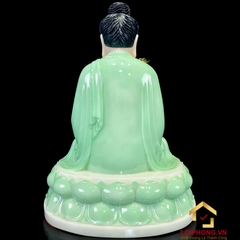 Tượng Phật Thích Ca ngồi đế sen bằng bột đá xanh ngọc tay cầm hoa sen vàng cao từ 20 cm đến 150 cm