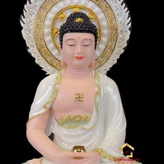 Tượng Phật Thích Ca Ngồi Đế Hoa Sen Có Lá Đề Bằng Bột Đá Cẩm Thạch Thiên Thanh Viền Vàng Cao 40 – 90 cm