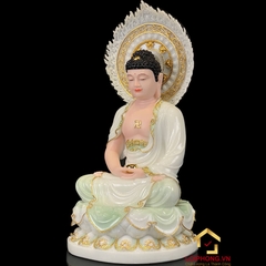 Tượng Phật Thích Ca Ngồi Đế Hoa Sen Có Lá Đề Bằng Bột Đá Cẩm Thạch Thiên Thanh Viền Vàng Cao 40 – 90 cm