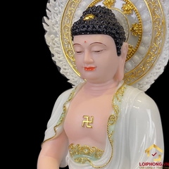 Tượng Phật Thích Ca Ngồi Đế Hoa Sen Có Lá Đề Bằng Bột Đá Cẩm Thạch Thiên Thanh Viền Vàng Cao 40 – 90 cm