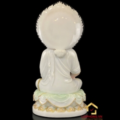 Tượng Phật Thích Ca Ngồi Đế Hoa Sen Có Lá Đề Bằng Bột Đá Cẩm Thạch Thiên Thanh Viền Vàng Cao 40 – 90 cm