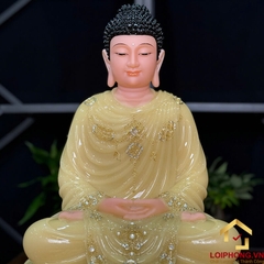 Tượng Phật Thích Ca Tĩnh Tâm Ngồi Đài Sen 8 Cạnh Bằng Bột Đá Thạch Anh Viền Vàng Cao 48cm