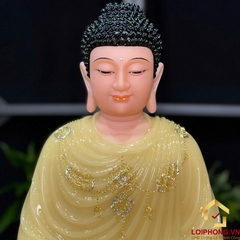 Tượng Phật Thích Ca Tĩnh Tâm Ngồi Đài Sen 8 Cạnh Bằng Bột Đá Thạch Anh Viền Vàng Cao 48cm