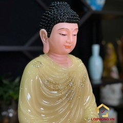 Tượng Phật Thích Ca Tĩnh Tâm Ngồi Đài Sen 8 Cạnh Bằng Bột Đá Thạch Anh Viền Vàng Cao 48cm
