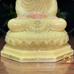 Tượng Phật Thích Ca Tĩnh Tâm Ngồi Đài Sen 8 Cạnh Bằng Bột Đá Thạch Anh Viền Vàng Cao 48cm