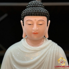 Tượng Phật Thích Ca Tĩnh Tâm Ngồi Đài Sen 8 Cạnh Bằng Bột Đá Trắng Viền Vàng Cao 65 cm