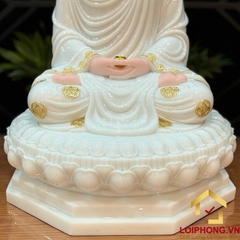 Tượng Phật Thích Ca Tĩnh Tâm Ngồi Đài Sen 8 Cạnh Bằng Bột Đá Trắng Viền Vàng Cao 65 cm