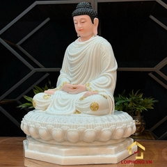 Tượng Phật Thích Ca Tĩnh Tâm Ngồi Đài Sen 8 Cạnh Bằng Bột Đá Trắng Viền Vàng Cao 65 cm