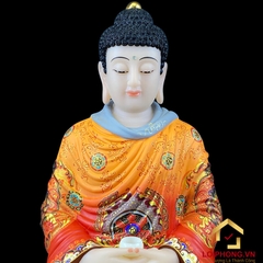 Tượng Phật Thích Ca Tĩnh Tâm Ngồi Đài Sen Bằng Bột Đá Vẽ Gấm Đỏ Cao 48 cm