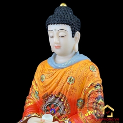 Tượng Phật Thích Ca Tĩnh Tâm Ngồi Đài Sen Bằng Bột Đá Vẽ Gấm Đỏ Cao 48 cm