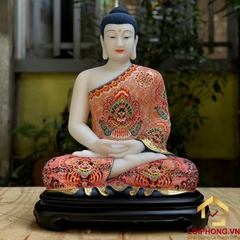 Tượng Phật Thích Ca Tĩnh Tâm Bằng Ngọc Hán Bạch Vẽ Gấm Cao 40cm (Tổng Đế 48cm)