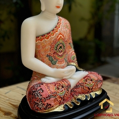 Tượng Phật Thích Ca Tĩnh Tâm Bằng Ngọc Hán Bạch Vẽ Gấm Cao 40cm (Tổng Đế 48cm)