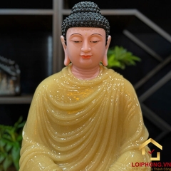 Tượng Phật Thích Ca Tĩnh Tâm Ngồi Đài Sen Tám Cạnh Bằng Bột Đá Thạch Anh Viền Vàng Cao 40cm