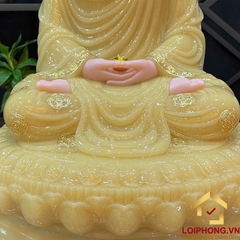 Tượng Phật Thích Ca Tĩnh Tâm Ngồi Đài Sen Tám Cạnh Bằng Bột Đá Thạch Anh Viền Vàng Cao 40cm