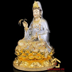Tượng Phật Quan Âm bằng đồng men cổ dát bạc cao 30 – 40 – 48 – 60 cm