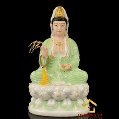 Tượng Phật Quan Âm bằng bột đá xanh trắng viền vàng cao 30-65 cm