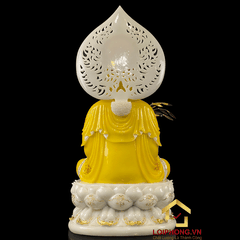 Tượng Phật Quan Âm bằng bột đá áo vàng vẽ gấm viền vàng cao 40 cm