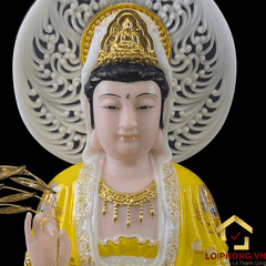 Tượng Phật Quan Âm bằng bột đá áo vàng vẽ gấm viền vàng cao 40 cm