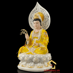 Tượng Phật Quan Âm bằng bột đá áo vàng vẽ gấm viền vàng cao 40 cm