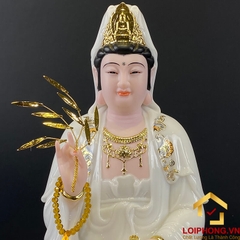 Tượng Phật Quan Âm bằng bột đá trắng viền vàng cao 30, 40, 48 cm
