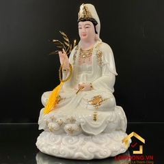 Tượng Phật Quan Âm bằng bột đá trắng viền vàng cao 30, 40, 48 cm