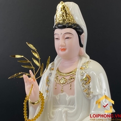 Tượng Phật Quan Âm bằng bột đá trắng viền vàng cao 30, 40, 48 cm
