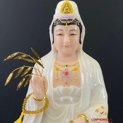 Tượng Ta Bà Tam Thánh ngồi hoa sen đế to bột đá trắng cao 30 - 65 cm