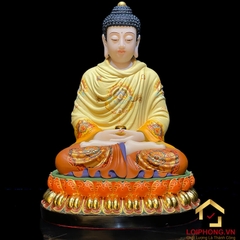 Tượng Ta Bà Tam Thánh ngồi đế hoa sen bằng bột đá vẽ gấm viền vàng cao từ 40cm, 48cm đến 65cm