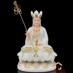Tượng Ta Bà Tam Thánh ngồi đế hoa sen bằng bột đá trắng viền vàng cao 30 - 65cm