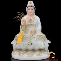 Tượng Ta Bà Tam Thánh ngồi đế hoa sen bằng bột đá trắng viền vàng cao 30 - 65cm