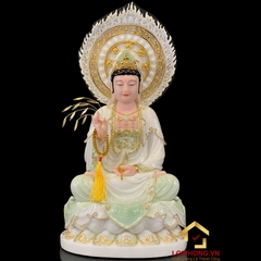 Tượng Ta Bà Tam Thánh Ngồi Hoa Sen Bằng Bột Đá Cẩm Thạch Thiên Thanh Có Lá Đề cao 40 - 65cm
