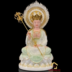 Tượng Ta Bà Tam Thánh Ngồi Hoa Sen Bằng Bột Đá Cẩm Thạch Thiên Thanh Có Lá Đề cao 40 - 65cm