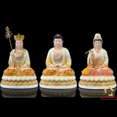 Tượng Ta Bà Tam Thánh Ngồi Đế Hoa Sen Bằng Bột Đá Sơn Vẽ Hoa cao từ 30 - 48cm