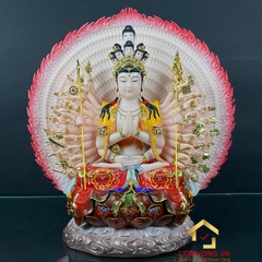 Tượng Thiên Thủ Thiên Nhãn Ngồi Đế Mây Bằng Bột Đá Vẽ Gấm Cao 40cm, 48cm