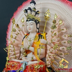 Tượng Thiên Thủ Thiên Nhãn Ngồi Đế Mây Bằng Bột Đá Vẽ Gấm Cao 40cm, 48cm