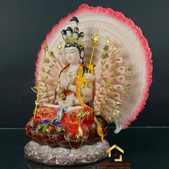 Tượng Thiên Thủ Thiên Nhãn Ngồi Đế Mây Bằng Bột Đá Vẽ Gấm Cao 40cm, 48cm