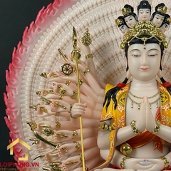 Tượng Thiên Thủ Thiên Nhãn Ngồi Đế Mây Bằng Bột Đá Vẽ Gấm Cao 40cm, 48cm