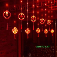 Đèn lồng quả cầu đỏ trang trí Tết có đèn led gắn chữ Phúc thả mành đón tết 2024 (dài 3m 8 )