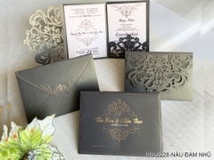 (DQ2226- nâu đậm nhũ) Thiệp Cưới Ép Kim Cao Cấp/Thiệp Cưới Luxury