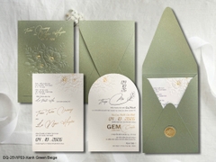 (DQ25VIP03-GreenBeige) Thiệp Cưới Ánh Kim Cao Cấp Ép Kim