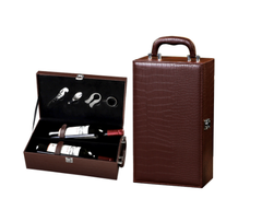Hộp rượu vang 2 chai da cá sấu nâu có dụng cụ mở rượu, Hộp quà Tết, Quà tặng doanh nghiệp, Quà tặng sự kiện