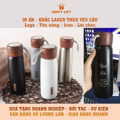 Bình Giữ Nhiệt 500ml Inox 304 Nắp Vân Gỗ Có Dây inox cao cấp Khắc In Logo Theo Yêu Cầu