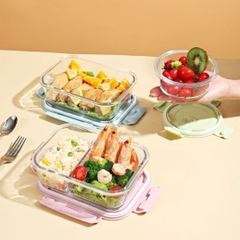 Hộp cơm văn phòng bằng thủy tinh chia ngăn chống tràn dùng được trong lò vi sóng