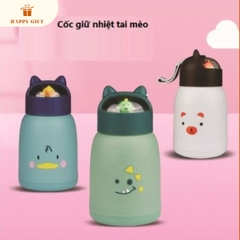 Bình nước giữ nhiệt tai mèo 360ml nắp thú dễ thương lõi thủy tinh bọc nhựa cách nhiệt