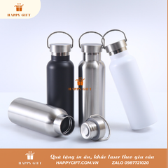 Bình inox giữ nhiệt quai xách hình chai nước, Bình giữ nhiệt in khắc tên logo theo yêu cầu